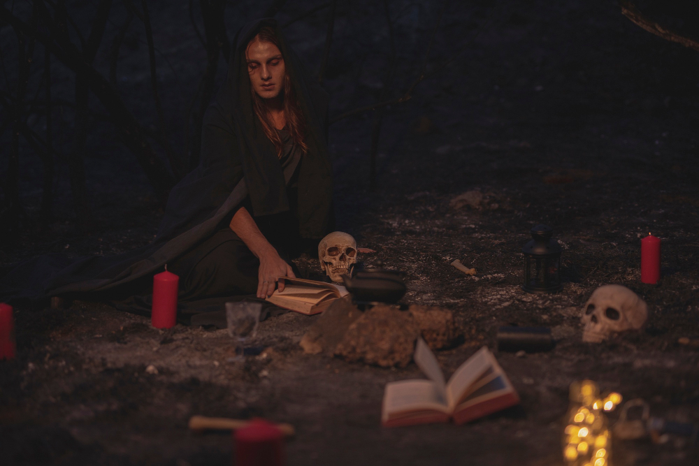 Dark image of a person consulting old books and a skull